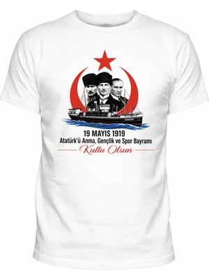 Efendioğlu Design Bandırma Gemisi ve Atatürk 19 Mayıs 1919 Baskılı Pamuklu T-Shirt