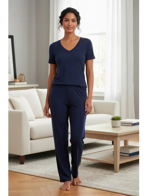 Pileli Store Kadın Lacivert Yumuşak Dokulu Minimal V Yaka Üst Basic Günlük Şık Bluz