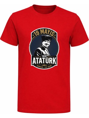 Efendioğlu Design Samsun Ilk Adım Yuvarlak Baskılı 19 Mayıs Atatürk Baskılı Pamuklu T-Shirt