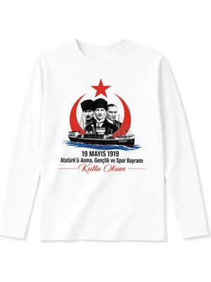Efendioğlu Design Uzun Kollu Bandırma Gemisi ve Atatürk 19 Mayıs 1919 Baskılı Pamuklu Çocuk T-Shirt