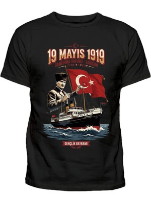 Efendioğlu Design Gençlik Bayramı 19 Mayıs 1919 Baskılı Atatürk ve Bandırma Vapuru Baskılı T-Shirt