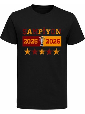 Efendioğlu Design Sarı Kırmızı Şampiyon 5 Yıldız Yazılı Pamuklu Yetişkin T-Shirt