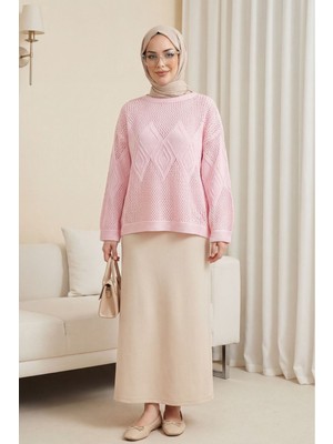 Moda Morfo Önü Ve Kolları Desenli Ajurlu Triko Kazak -Pembe