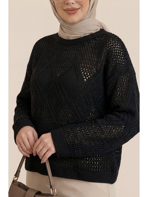 Moda Morfo Önü ve Kolları Desenli Ajurlu Triko Kazak -Siyah