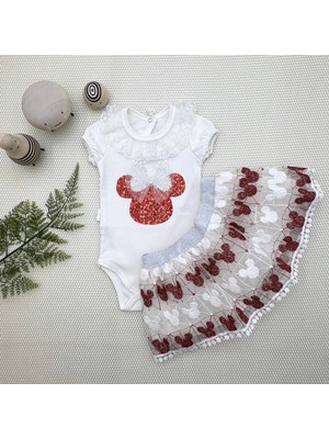 Uravas Store 1-2-3 Yaş Payetli Mickey Nakışlı Kısa Kollu Brode Etekli 2li Kız Bebek Takımı Kırmızı