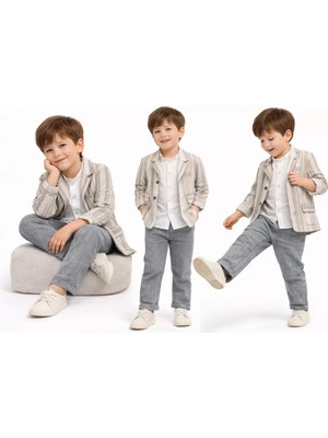 Uravas Store 1-5 Yaş Müslin Gömlekli Keten 3 Parça Çuk Takımı