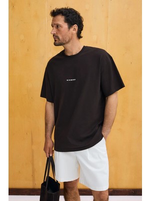 Grimelange Rıver Erkek Oversize Fit Bol Kesim Nakış Işlemeli Basic Örme Kahverengi T-Shirt