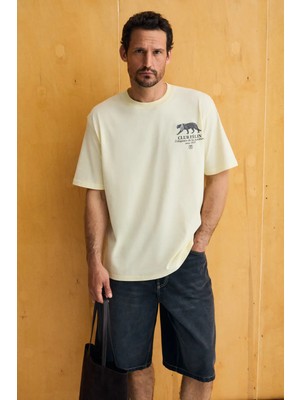 Grimelange Gıganest Erkek %100 Organik Pamuklu Baskı Detaylı Yuvarlak Yaka Sarı T-Shirt