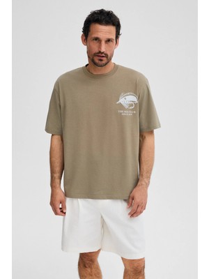 Grimelange Gıganest Erkek %100 Organik Pamuklu Baskı Detaylı Yuvarlak Yaka Haki T-Shirt