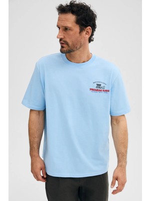 Grimelange Gıganest Erkek %100 Organik Pamuklu Baskı Detaylı Yuvarlak Yaka Mavi T-Shirt