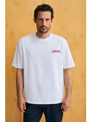 Grimelange Futı Erkek %100 Organik Pamuklu Baskı Detaylı Yuvarlak Yaka Beyaz T-Shirt