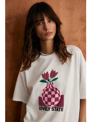 Grimelange Sprıne Kadın Yumuşak Kumaşlı %100 Pamuklu Baskılı Regular Beyaz T-Shirt