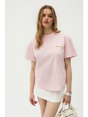 Grimelange Mochı Kadın %100 Organik Pamuklu Yuvarlak Yakalı Baskılı Pembe T-Shirt