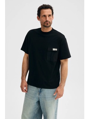 Grimelange Pocket Erkek %100 Organik Pamuklu Dokuma Cepli Etiket Detaylı Siyah T-Shirt