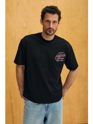 Grimelange Capıso Erkek %100 Organik Pamuklu Baskı Detaylı Regular Fit Yuvarlak Yaka Siyah T-Shirt