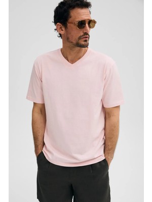 Grimelange Almerı Erkek %100 Pamuk Yumuşak Kumaşlı V Yakalı Pembe T-Shirt