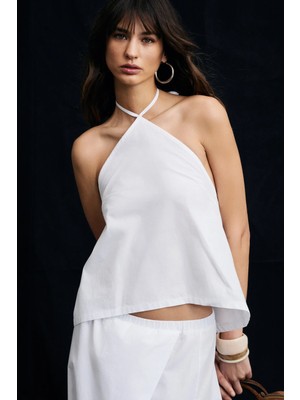 Grimelange Bolue Kadın Poplin Kumaşlı %100 Pamuk Boyundan Bağlamalı Beyaz Bluz