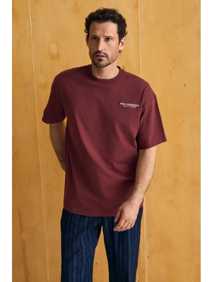 Grimelange Valeron Erkek %100 Organik Pamuklu Yuvarlak Yakalı Baskı Detaylı Regular Fit Bordo T-Shirt