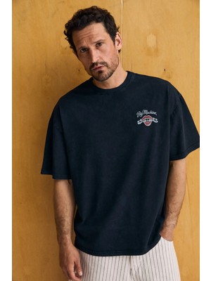 Grimelange Samantho Erkek Yumuşak ve Organik Pamuklu Yıkamalı Baskı Detaylı Siyah T-Shirt