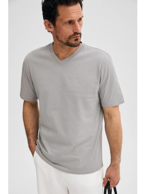 Grimelange Almerı Erkek %100 Pamuk Yumuşak Kumaşlı V Yakalı Gri T-Shirt
