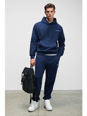 Grimelange Scarn Erkek Pamuklu Içi Polarlı Nakışlı Kapüşonlu Relaxed Koyu Lacivert Sweatshirt