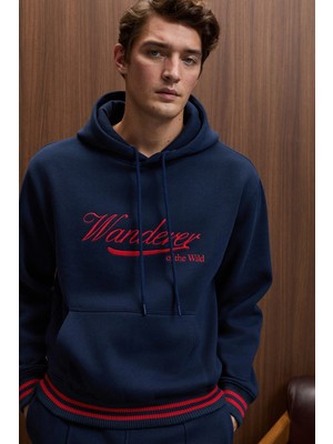 Grimelange Phantoseas Erkek Kapüşonlu Önü Nakışlı Etek ve Kol Triko Detaylı Lacivert Sweatshirt