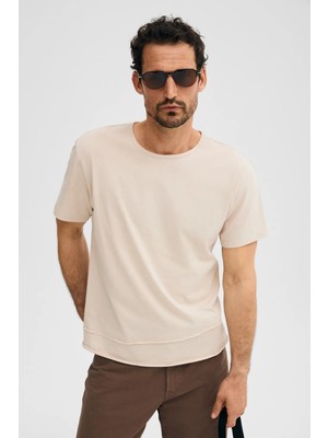 Grimelange Porec Erkek %100 Organik Pamuklu Yuvarlak Yakalı Regular Fit Taş Rengi T-Shirt