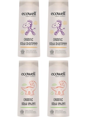 Ecowell Organik Bebek Bakım 4'lü Set - Organik Bebek Şampuanı ve Bebe Losyon 2x300 ml Paraben ve SLS İçermez
