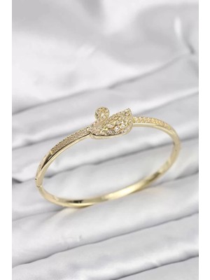 Renas Store Pirinç Gold Renk Zirkon Taşlı Kuğu Model Kadın Kelepçe Bileklik - TJ-BB8228