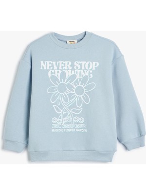 Koton Kız Çocuk Mavi Sweatshirt Uzun Kollu Truvakar Kol Çiçek Baskılı Cepsiz
