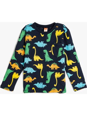 Koton Lacivert Desenli Erkek Bebek Sweatshirt Uzun Kol Günlük Stil Dinozor Deseni