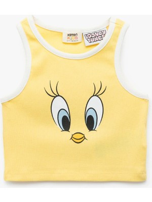 Koton Tweety Lisanslı Kız Çocuk Pamuklu Slim Fit Crop Atlet Sarı Desenli Kolsuz