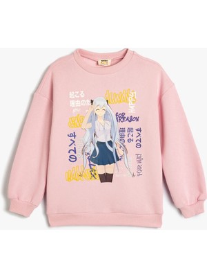 Koton Pembe Anime Baskılı Uzun Kollu Sweatshirt Kız Çocuk Truvakar Kol Şardonlu Tasarım