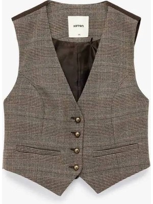 Slim Fit Düğmeli V Yaka Crop Ekose Blazer Yelek