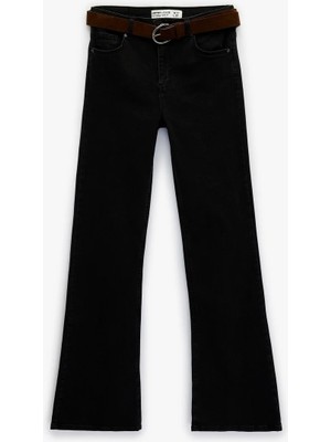 Koton Dar Kesim Kemerli Düğmeli Ispanyol Paça Denim Pantolon - Flare Jeans