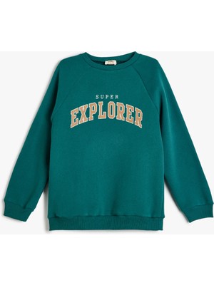 Koton Yeşil Renk Uzun Kollu Sweatshirt Erkek Çocuk İçin Slogan Baskı Detaylı Cepsiz