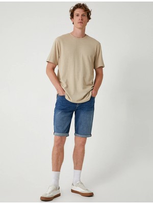 Koton Slim Fit Mavi Kot Şort Erkek Cep Detaylı Katlamalı Paça Pamuklu Fonksiyonel Tasarım