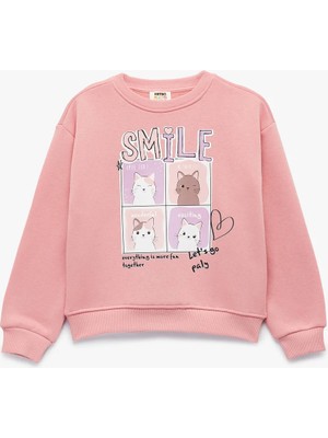 Uzun Kollu Bisiklet Yaka Şardonlu Kedi Baskılı Sweatshirt