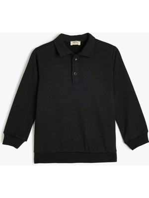 Koton Sıyah Erkek Çocuk Polo Yaka Sweatshirt 5WKB10386TK 999 Orta Kalınlık Cepsiz