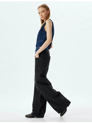 Koton Bol Kot Pantolon Çift Bel Detaylı Düğmeli Yıkamalı Loose Straight Fit Jean