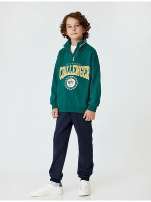 Koton Yeşil Dik Yaka Yarım Fermuarlı Sweatshirt Erkek Çocuk Kolej Baskılı Uzun Kol Özellikli