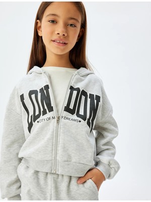 Koton Kız Çocuk Gri Crop Sweatshirt Uzun Kol Fermuarlı Kapşonlu Ekstra Konfor