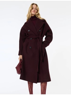 Koton Uzun Kollu Cepli Kadın Kruvaze Kemerli Uzun Kaşe Kaban Bordo Polyester Karışımlı Günlük Kullanım