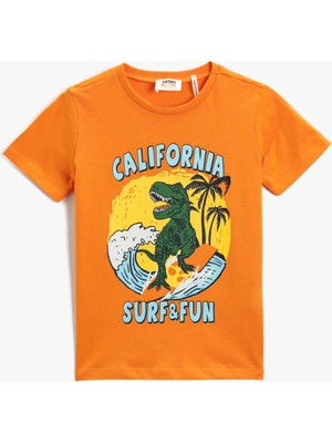 Koton Dinozor Baskılı Kısa Kollu Pamuklu T-Shirt Erkek Çocuk için Turuncu Regular Fit