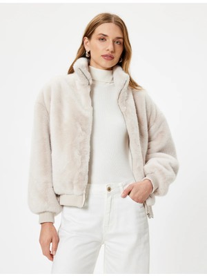 Koton Peluş Oversize Mont Dik Yaka Fermuarlı