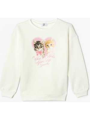 Koton Sweatshirt Kedi Baskılı Uzun Kollu Bisiklet Yaka Şardonlu