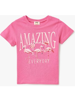 Koton Kız Çocuk Flamingo Baskılı Pamuklu Kısa Kollu Tişört Yaz Sezonu İçin Enerjik Pembe