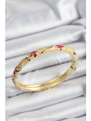 Renas Store Mineli Pirinç Pembe Krem Çiçek Motifli Gold Renk Kadın Kelepçe - TJ-BB7370