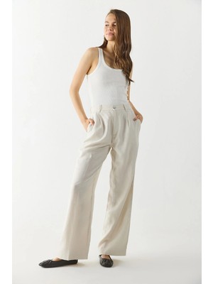 Chloe Wide Leg Keten Palazzo Pantolon-Ekru