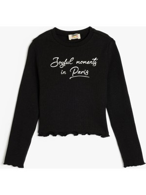 Koton Slogan Baskılı Bisiklet Yaka Pamuklu Siyah Kız Çocuk Uzun Kollu T-Shirt 5SKG10199AK